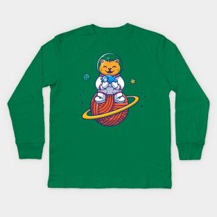 Cute Cat Astronaut Sitting On Planet Cartoon Kids Long Sleeve T-Shirt